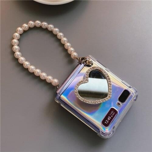 Pearl Hand Chain Handbag Case Cover For Samsung Galacy Z Flip 5G Cure Diamond Love Mirror Stand Holder Laser Card Fundas Capa
