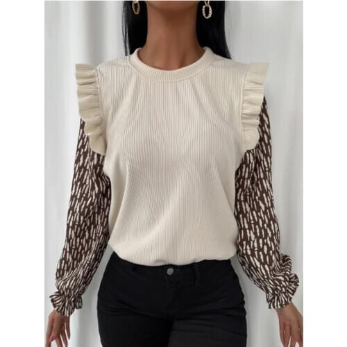 Fashion Autumn Printed Long Sleeve Shirt Women Blouse Elegant O Neck Slim Rib Pullover Tops Winter Casual Women Ruffle Shirts