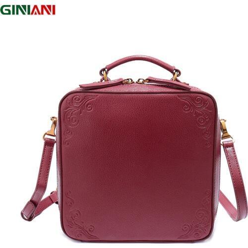 GINIANI Female Real Top Leather Retro Trunk Shoulder Bag Female Vintage Flower Stamp Square Flap Crossbody Bags