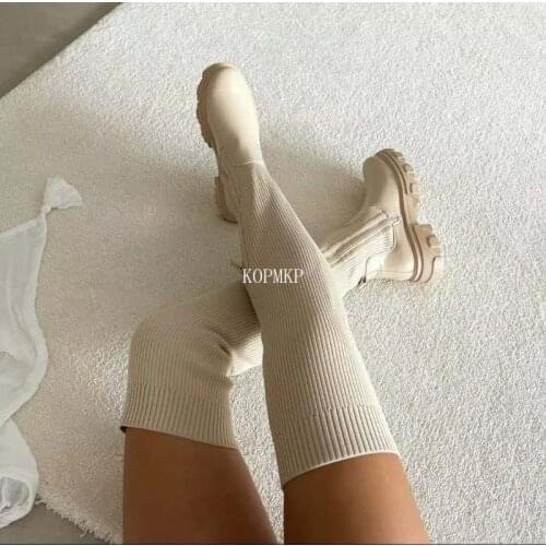 Womens Socks Motorcycle Boots Autumn New Fashtion Platform Over The Knee High Heel Square Heel Womens Zipper Acsual Boots