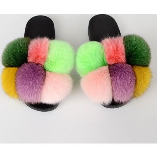 Ladies Real Fox Fur Slides Female Summer Furry Sandals Flip Flops Slippers Women Natural Fur Slippers