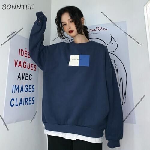 Hoodies Women O-Neck Oversize Printed Korean Style Harajuku Thicker Plus Velvet Students Long Pullover Womens Leisure 2020 New
