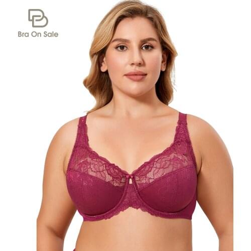Womens Plus Size Minimizer Lace Bra Full Coverage Underwire Unlined Sheer Floral Brassiere