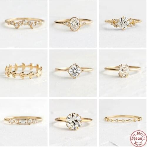 GS 925 Sterling Silver Gold Single Round Zircon Crystal Rings Women Cubic Zirconia Jeweled Leaf Loop Wedding Engagement Ring
