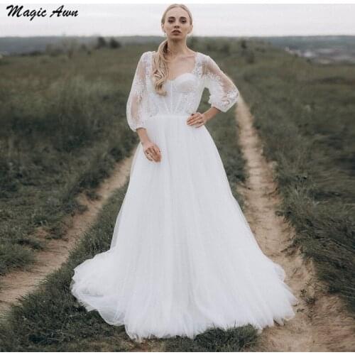 Magic Awn Country Lace Tulle Wedding Dresses Puff Sleeves Appliques Illusion Boho Wedding Party Gowns Lace-Up Back Robe Mariage