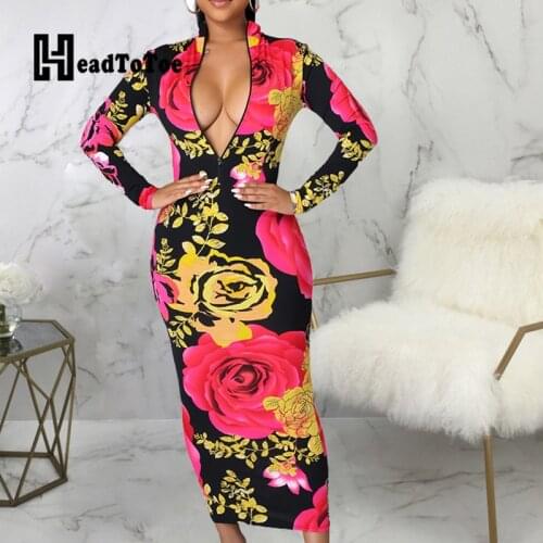 Floral Print Long Sleeve Zipper Neck Bodycon Maxi Dress Women