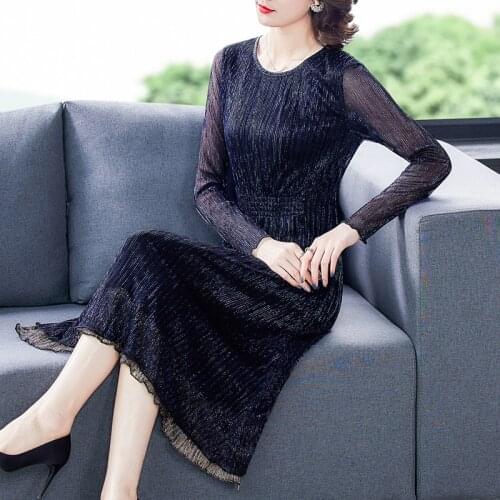 M-4Xl Large Size Dress 2021 Spring Summer High-End Temperament Waist Long-Sleeved Bright Silk Folds O-Neck Mid-Calf Office Lady