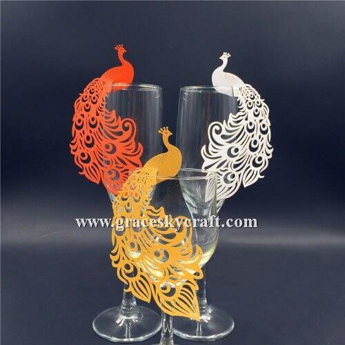 50pcs/lot Free Shipping hollow peacock design laser Cut Place name Seat Invitation Cup Cards for Wine Glass party supplies