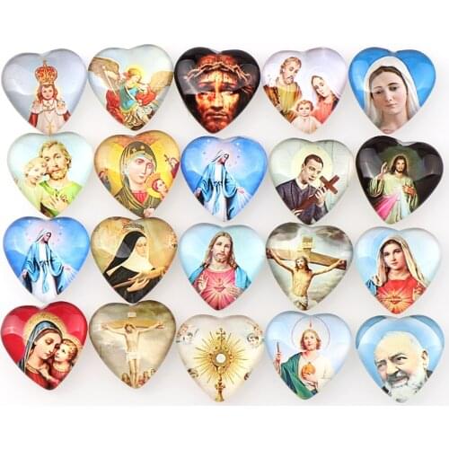 20mm Mixed Heart Glass Cartoon Religious Cabochon Accessory Glass Cabochon DIY Ring Necklace Jewelry Saint Rita Accessories