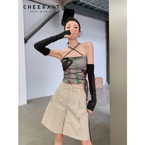 CHEERART Bandage Halter Neck Top Bodycon Backless Strapless Corset Top Women Summer 2021 Print Brown Tube Top Korean Fashion