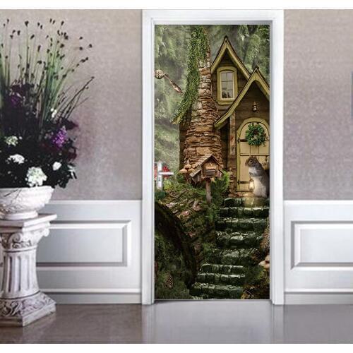 Fake 3d vivid decorative Pattern Door Sticker WallpaperWall Sticker latest forest Mural Waterproof Bedroom Home Decor Poster