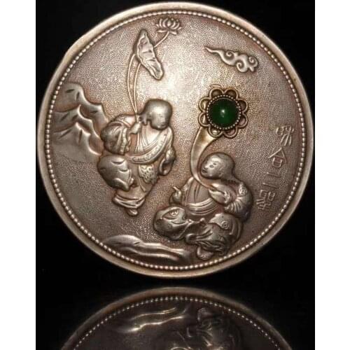 Exquisite collection of ancient Chinese cupronickel inlaid gemstones and two immortal ink cartridges / ink pad / rouge box ornam