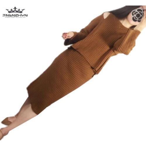 Tnlnzhyn 2019 New Autumn Women Knitted Sweater Suit Female Long sleeves Sweater And Midi Skirts Sets 2 Piece Suits Sets Y641