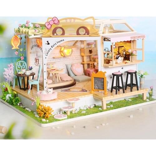 DIY Dollhouse with Furniture Plus LED Light & Dustproof Cover Wood Crafts Cat & Coffee Shop House Self Assembly Model Toys