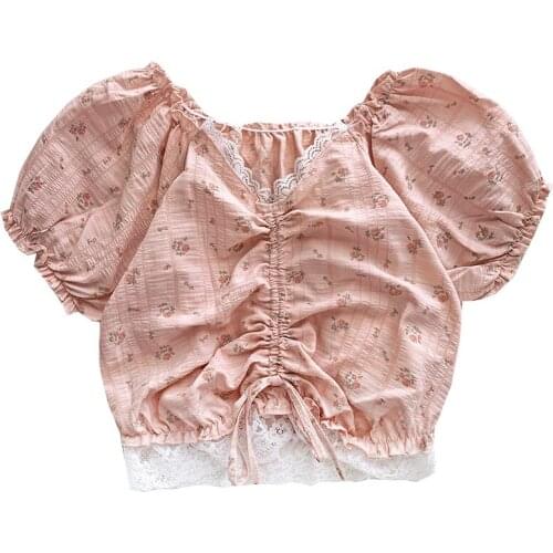 Cute stitching lace design drawstring sweet flower V-neck slim short section puff sleeve shirt