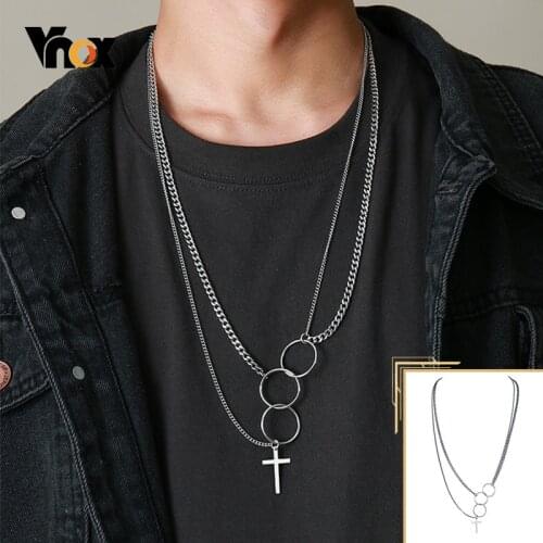 Vnox Layered Cuban Necklaces for Men Women,Never Fade Stainless Steel Cross Pendant,Cool Casual Punk Gothic Unisex Neck Jewelry