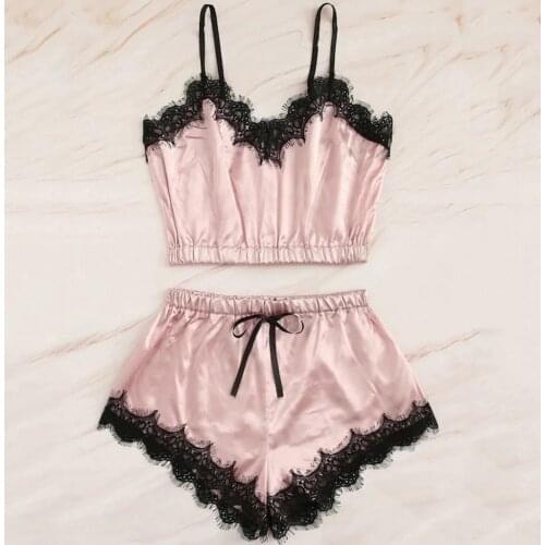 Fashion Ladies Bowknowt Pajama Sets Summer Womens Pajamas Sexy Sleeveless Lingerie Suit Sleeveless Strap Lace Satin Sleepwear