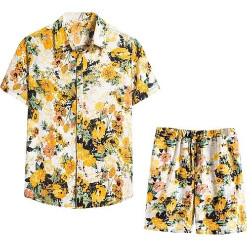 Hawaiian Sets Printing Button Down Cotton Linen 2021 Summer Short Sleeve Shirt Beach Shorts Streetwear Casual Mens Suit 2 pc
