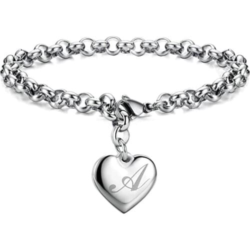 Modyle 2021 New Punk Charm Silver Color Bracelets Stainless Steel Heart 26 Letters Alphabet Bracelet for Women