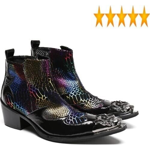New British Mens Color 2021 Printed Boots Block Med Heels Metal Toes Night Club Punk Footwear Genuine Leather Party Shoes