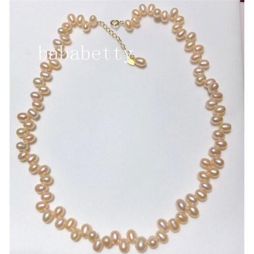 NEW Natural pink purple 5x7mm AAA irregular freshwater pearl Necklace925 sterling silver clasp