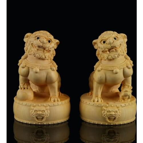 A pair Solid wood evil spirits lion figurine Chinese Lucky Decorations Home Furnishing Living Room Decoration Accessories