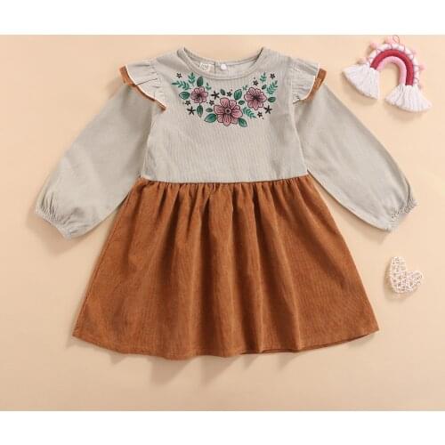 Toddler Baby Girls Long Sleeve Dress with Ruffle Decoration Lovely Infant Outwear Flower Print Corduroy Folds Autumn Clothing