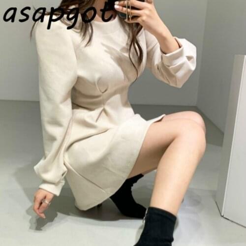 Asapgot Korean Chic Autumn Winter Vintage Slim A Line High Waist Long Puff Sleeve Dress Mini Loose Casual Vestido De Mulher