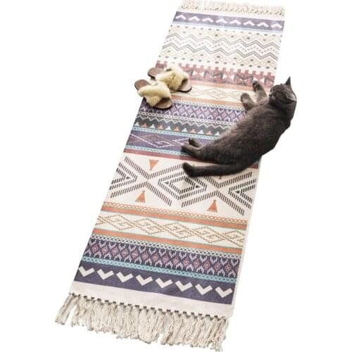 Tassel Woven Cotton Linen Carpet Bedside Rug Geometric Floor Mat Long Rug Bedspread Tapestry Home Decoration
