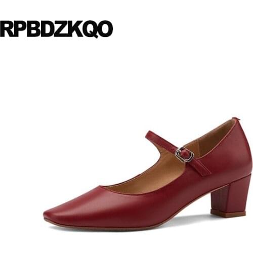 Medium Heels Wine Red Square Toe Pumps Genuine Leather Mary Jane Ladies High Top Quality Prom Shoes Block Japanese Size 33 Strap