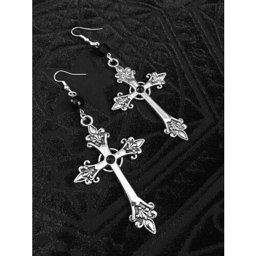 Gothic Cross Earrings Large Black Glass Crystal Statement Trad Goth Big Jewelry Fashion Delicacy Rock Women Punk Jesus Gift
