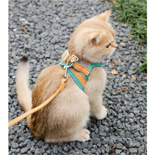 Cat Harness Suede Reflective Chest Harness Adjustable Patchwork Puppy Padded Step-in Vest for Small Dogs with 1.5 m Leash Set