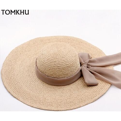 2021 New Sun Protection Chiffon Wide Brim Cap Hand Made Raffia Hats Summer Female Outdoor Beach Travel Bow Straw Bonnet Enfant