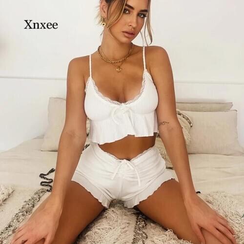 Ruffle Sexy Womens Two Piece Set Y2K Lace Ruched Spaghetti Strap Ribbed Corset Top White Elastic Crop Tops + Hot Shorts 2021