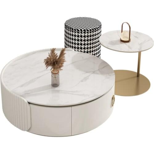 Modern minimalist round rock plate coffee table size combination Nordic luxury living room creative tea table with stool