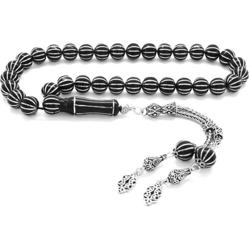 Tesbihane 925 Sterling Silver Tassels Silver 16 ′lı Watermelon Splitting Globe Cut Erzurum Oltu stone Rosary