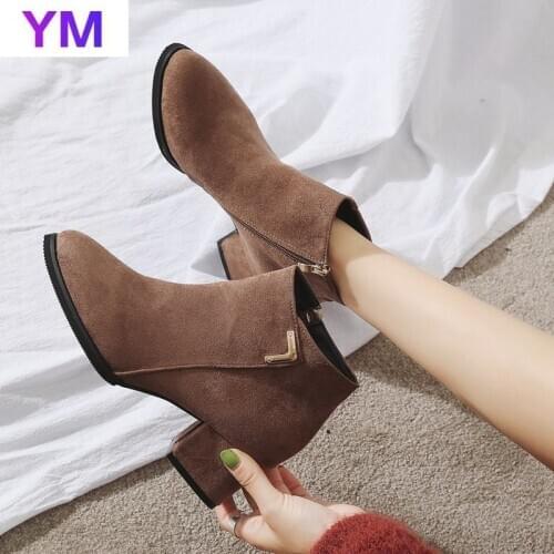 New 2020 Women Boots Ankle PU Leather Zipper Booties High Heels Autumn Shoes Brown Winter Boots Zapatos De Mujer Pointed Toe 43