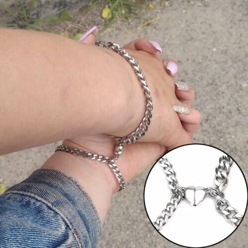 1 Pair 2021 Heart Magnet Couple Bracelet for Women Men Fashion Charm Jewelry Stainless Steel Cuba Chain Bracelet Lover Gift