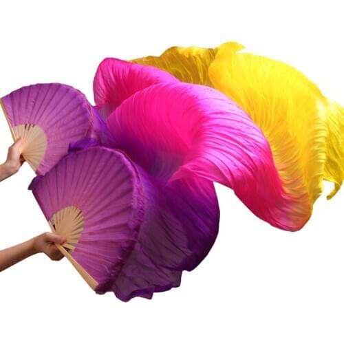 100% Silk Bamboo Ribs Dance Long Fans 1 Pair Left+Right hand Handmade Dyed Silk Belly Dance Props Fans Purple+Rose+Yellow 180x90