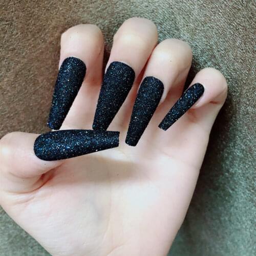 20pcs Press on Nails Glitter Black Flash Powder Ballerina False Nail Detachable Fake Nail Art Tips Full Cover Acrylic Manicure