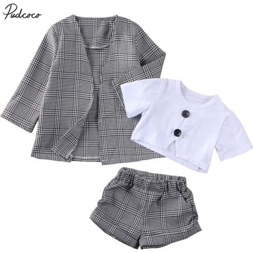 2020 Cute 3Pcs For 1-6Y Short Sleeve Crop Tops Tee+Plaid Suit Coat+Shorts Newborn Baby Girl Kid Formal Clothes Outerwear Set