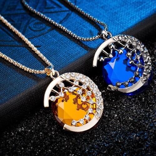 2021 Fashion Blue Yellow Crystal Moon Pendant Necklace for Women the Vampire Diaries Vintage gold silver color Female Neck Chain