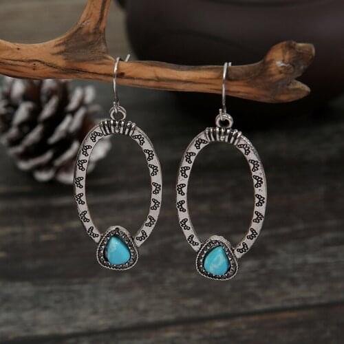2021 Wholesale European and American Creative Eyelash Oval Earrings Bohemian Retro Ethnic Silver Turquoise Earrings