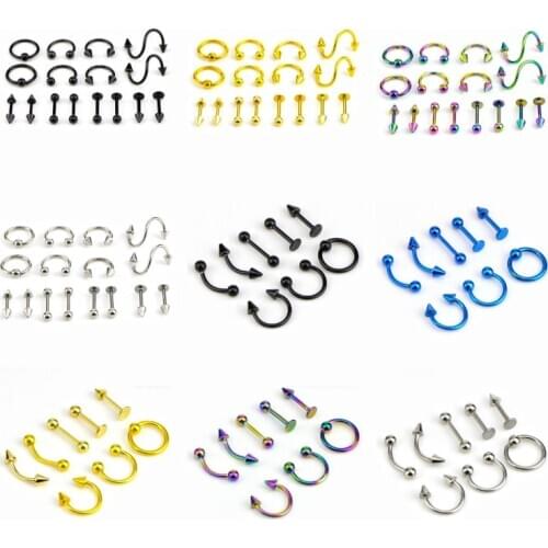 7/8/16PCS/Set Stainless Steel Eyebrow Bar Lip Nose Pircing Ear Studs Stainless Steel Mixed Body Jewelry Fashion Piercing Set
