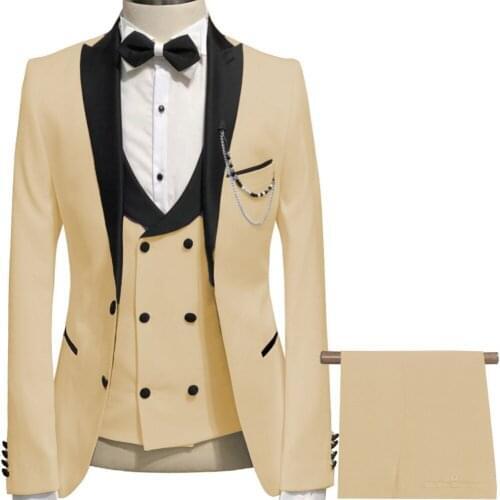 Brand New Men Suits Beige and Black Groom Tuxedos Peak Lapel Groomsmen 3 Pieces Set ( Jacket+Pants+Vest+Bow Tie ) D331