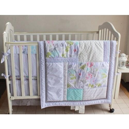 Promotion! 4PCS embroidery baby Girl Crib Nursery bedding set Cot kit set Applique ,include(bumper+duvet+bed cover+bed skirt)