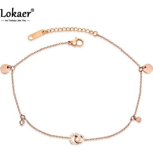 Lokaer Titanium Steel Bohemia Beach Chain & Link Anklets For Women Girls Trendy CZ Crystal Roman Numerals Charm Anklet A19044
