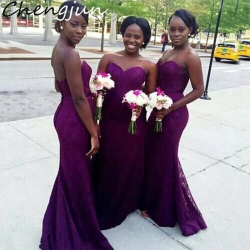 Chengjun African Sweetheart Mermaid Vintage Lace Long Purple Bridesmaid Dress
