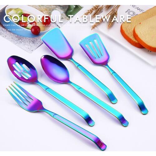 Colorful stainless steel cooking shovel spoon, rainbow big serving fork spoon scoop, kitchen cooking tools utensils, barbeque