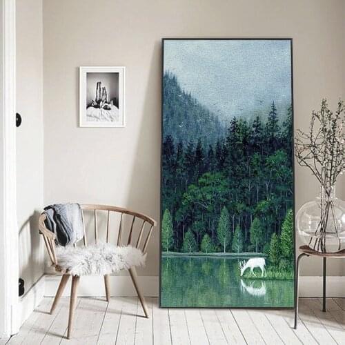 Canvas Painting Print Poster Poetry Green Forest Xianlu Lake Deer Drink Water Scenery Picture Wall Art Home Decoration Modular